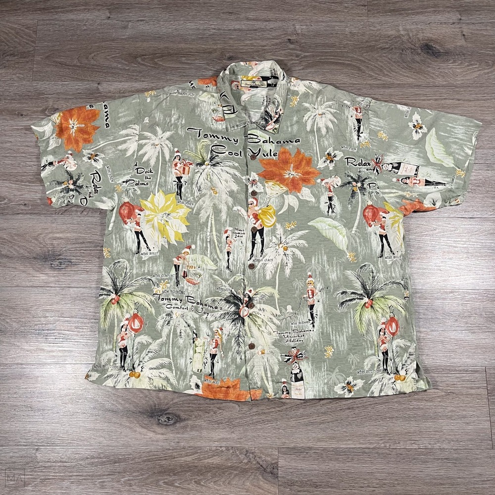 Tommy Bahama Men's Shirt 100% Silk Tropical Holiday Christmas Print XXL‎ Green